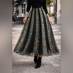 LM Lulu Designer Embroidered Tulle Skirt Black Teal Gold